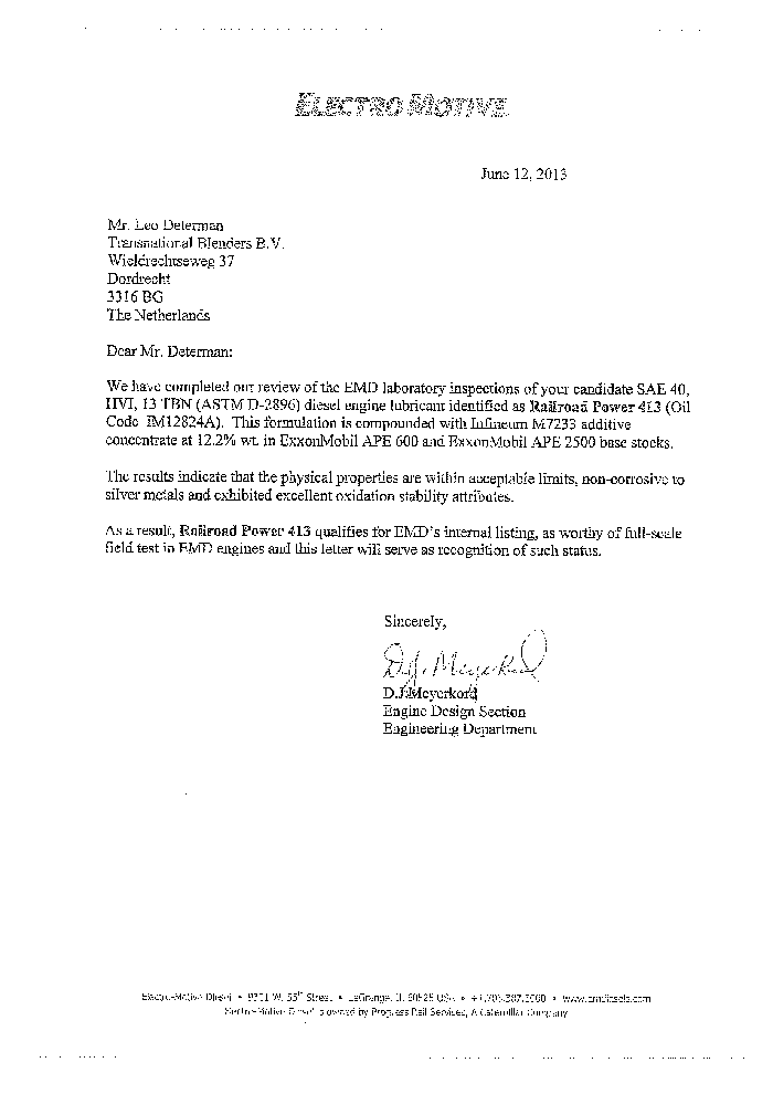 Сертификаты моторных масел North Sea для Railroad Power 413 EMD
