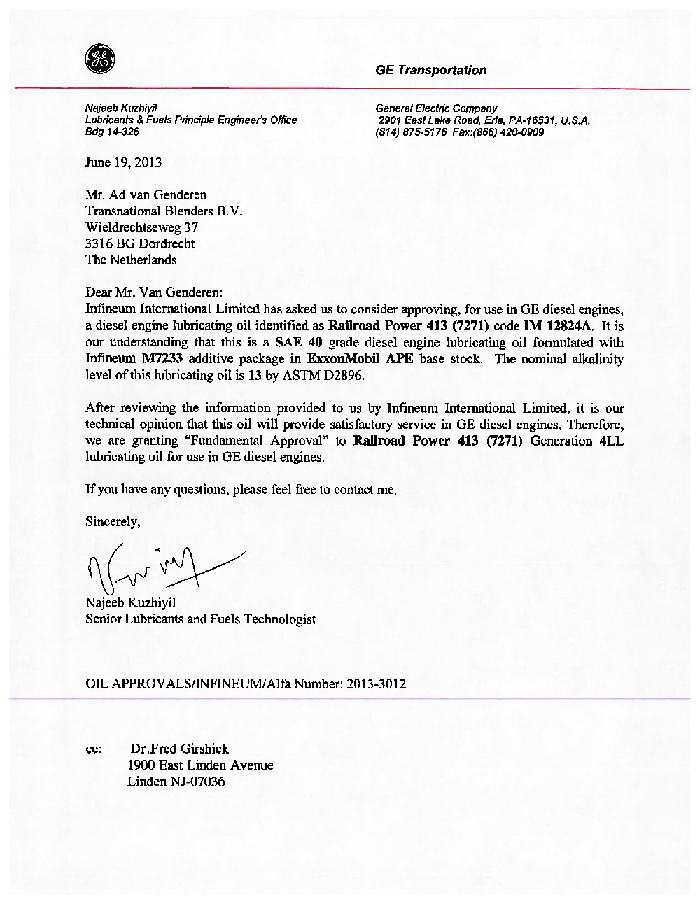 Сертификаты моторных масел North Sea для GE Diesel Engine