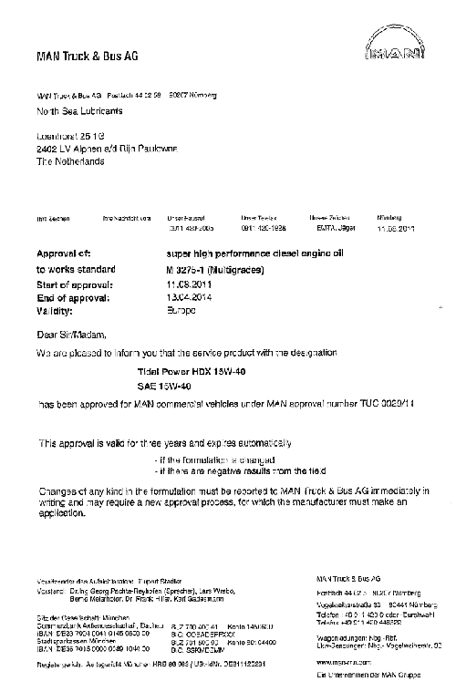 Моторное масло для MAN TIDAL POWER HDX 15W40 MAN
