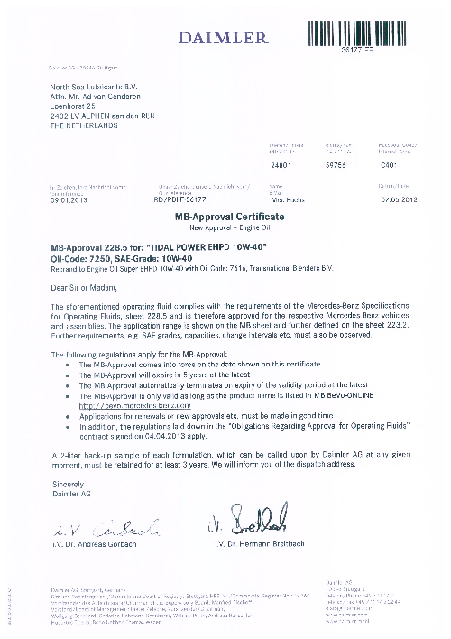 Моторное масло для Mercedes TIDAL POWER EHPD 10W40 MB