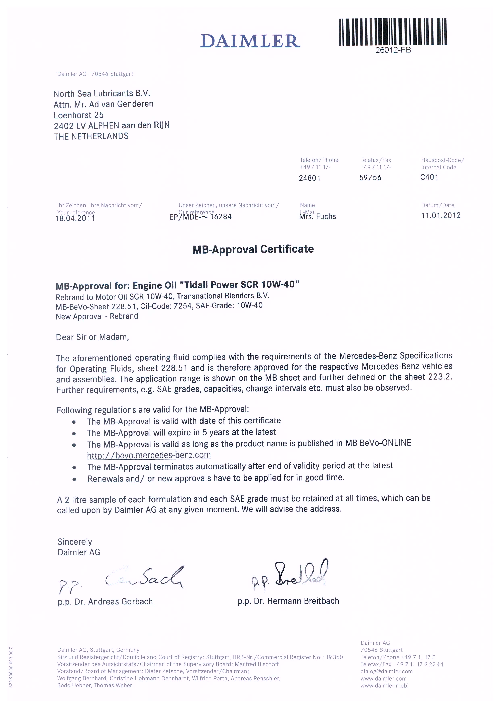 Моторное масло для Mercedes TIDAL POWER SCR 10W40 MB