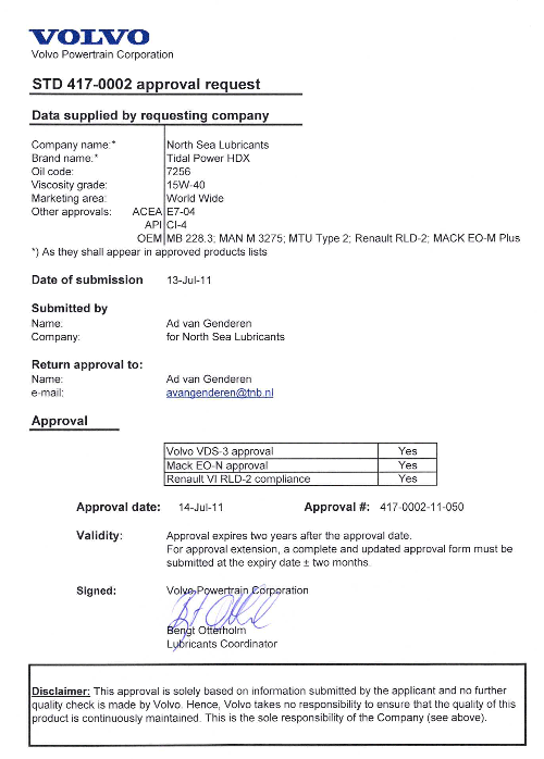 Моторное масло для Volvo TIDAL POWER HDX 15W40