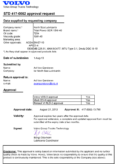 Моторное масло для Volvo TIDAL POWER SCR 10W40
